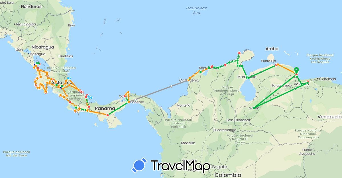 TravelMap itinerary: driving, bus, plane, cycling, hiking, boat, hitchhiking in Colombia, Costa Rica, Nicaragua, Panama (North America, South America)